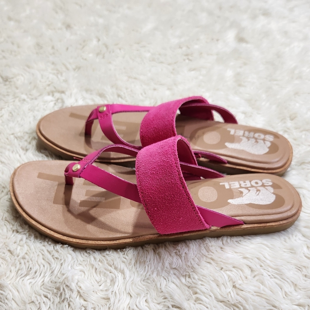 SOREL Ella II Easy Flip Sandals In Fuchsia Fizz Pink / Sea Salt Womens US 7 - Picture 4 of 9
